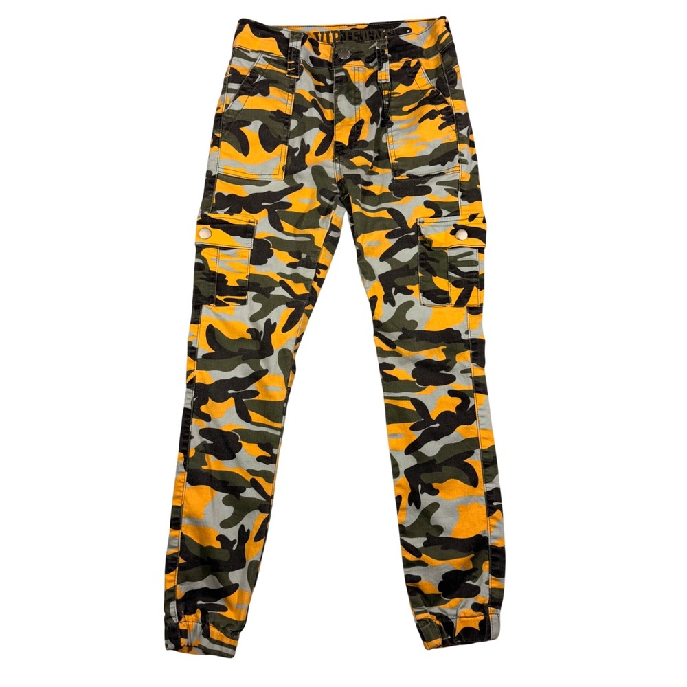 VIP Jeans Womens Yellow Orange Camo Cargo Joggers High‎ Rise Pants Size 5/27
